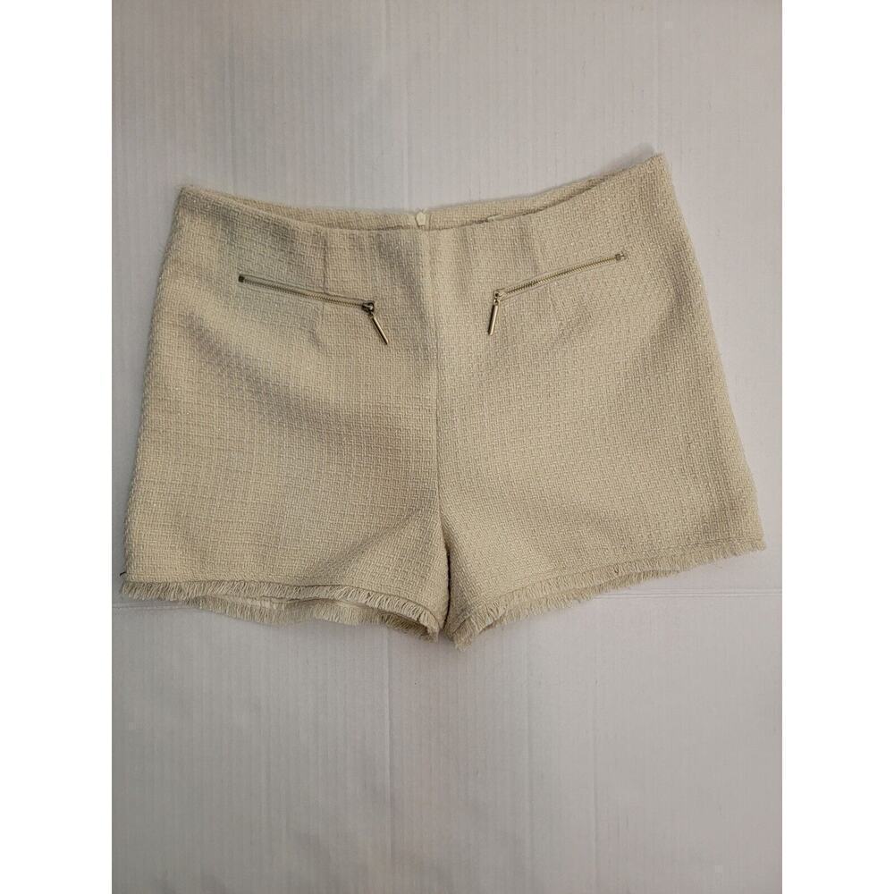 Alythea Tweed Classic Shorts Women Size Large Fringe Gold Zipper Details Ecru